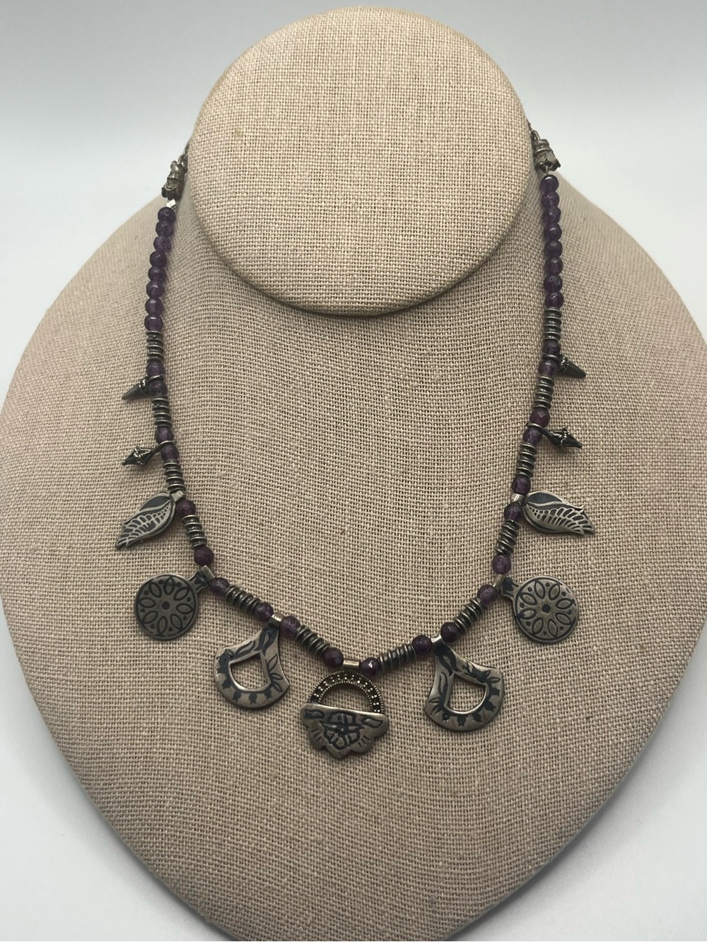 Turkish Style Amethyst Bead Necklace With Sterling Silver Charms